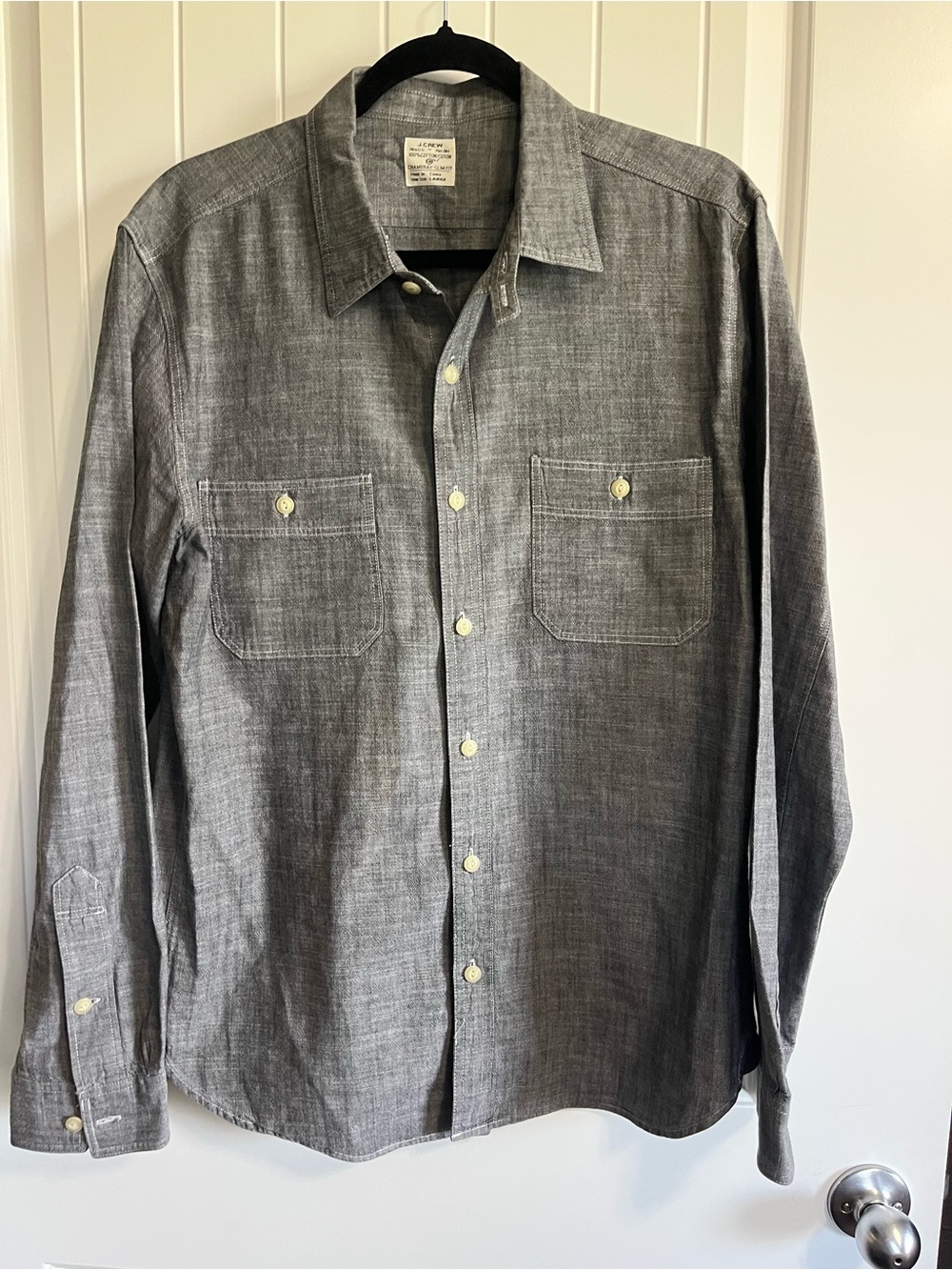 J Crew Men’s Utility Work Shirt 100% Cotton Gray Sz Large Slim Fit Chambray